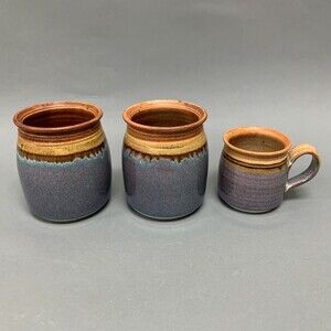 Royce Yoder Stoneware Pottery Purple Multicolor Jars Containers Cup Lot of 3